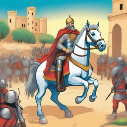 Create an illustration depicting the heroic deeds of El Cid Campeador suitable for children