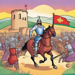 Create an illustration depicting the heroic deeds of El Cid Campeador suitable for children