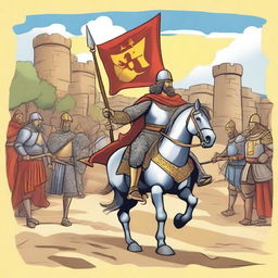 Create an illustration depicting the heroic deeds of El Cid Campeador suitable for children