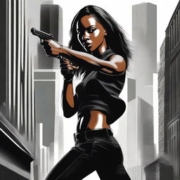 Create a movie poster for an action film titled 'Black To Black Black' featuring a strong female protagonist