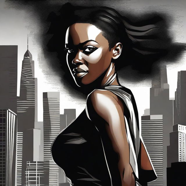 Create a movie poster for an action film titled 'Black To Black Black' featuring a strong female protagonist