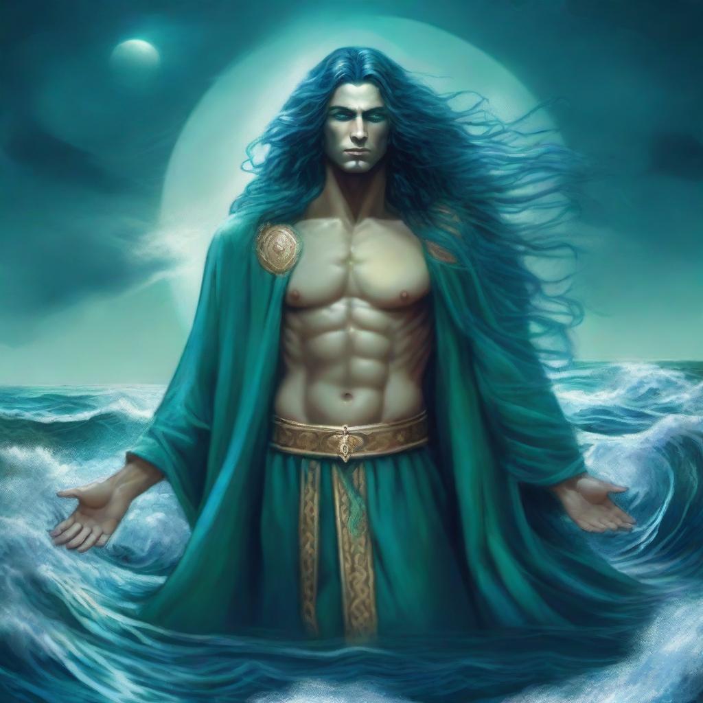 The god called Thalor appears as a mighty figure of oceanic power, with sea-green eyes and hair that shimmers like water under moonlight, clad in regal robes of deep ocean blue