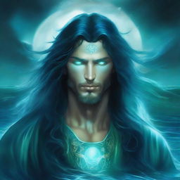 The god called Thalor appears as a mighty figure of oceanic power, with sea-green eyes and hair that shimmers like water under moonlight, clad in regal robes of deep ocean blue