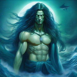 The god called Thalor appears as a mighty figure of oceanic power, with sea-green eyes and hair that shimmers like water under moonlight, clad in regal robes of deep ocean blue