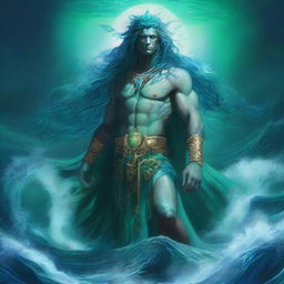 The god called Thalor appears as a mighty figure of oceanic power, with sea-green eyes and hair that shimmers like water under moonlight, clad in regal robes of deep ocean blue