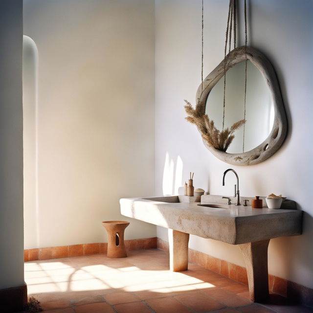 A serene bathroom with clean white plaster wall, dainty stone vanity, organic-shaped mirror, small hanging feature lamp, vase with dried flowers, and delicate terracotta tiles on the floor, all bathed in shards of light casting soft shadows.