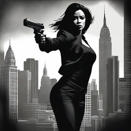 Create a movie poster for an HBO action film titled 'Black To Black' featuring a strong female protagonist with dark hair