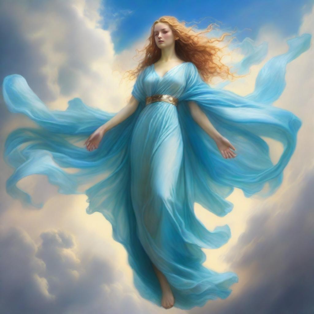 The goddess called Zephyra is a graceful figure with windswept hair that flows like air currents, her eyes sparkling with the vastness of the sky, draped in robes of sky blue