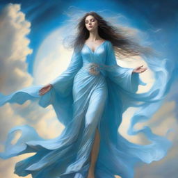 The goddess called Zephyra is a graceful figure with windswept hair that flows like air currents, her eyes sparkling with the vastness of the sky, draped in robes of sky blue