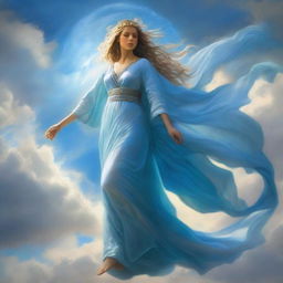 The goddess called Zephyra is a graceful figure with windswept hair that flows like air currents, her eyes sparkling with the vastness of the sky, draped in robes of sky blue