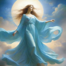 The goddess called Zephyra is a graceful figure with windswept hair that flows like air currents, her eyes sparkling with the vastness of the sky, draped in robes of sky blue