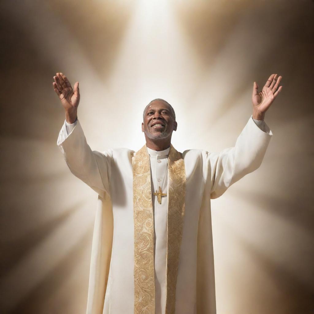 A dignified pastor, arms outstretched, ascending towards a celestial throne bathed in divine light