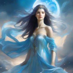 The fantasy goddess called Zephyra is a graceful figure with windswept hair that flows like air currents, her eyes sparkling with the vastness of the sky, draped in robes of sky blue