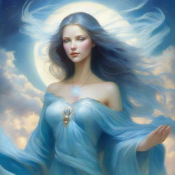 The fantasy goddess called Zephyra is a graceful figure with windswept hair that flows like air currents, her eyes sparkling with the vastness of the sky, draped in robes of sky blue