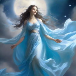 The fantasy goddess called Zephyra is a graceful figure with windswept hair that flows like air currents, her eyes sparkling with the vastness of the sky, draped in robes of sky blue