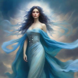 The fantasy goddess called Zephyra is a wild figure with windswept hair that flows like storm currents, her eyes sparkling with the vastness of the sky, draped in robes of sky blue