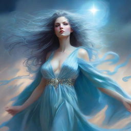 The fantasy goddess called Zephyra is a wild figure with windswept hair that flows like storm currents, her eyes sparkling with the vastness of the sky, draped in robes of sky blue