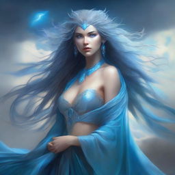 The fantasy goddess called Zephyra is a wild figure with windswept hair that flows like storm currents, her eyes sparkling with the vastness of the sky, draped in robes of sky blue