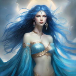 The fantasy goddess called Zephyra is a wild figure with windswept hair that flows like storm currents, her eyes sparkling with the vastness of the sky, draped in robes of sky blue