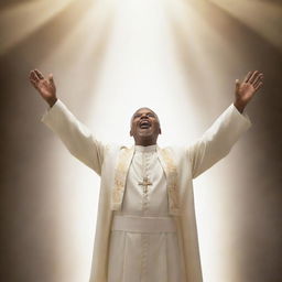 A dignified pastor, arms outstretched, ascending towards a celestial throne bathed in divine light