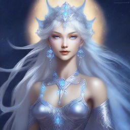 The fantasy goddess called Lunara possesses an otherworldly beauty, with luminous silver hair that reflects starlight, her gaze gentle yet knowing, dressed in flowing silver garments