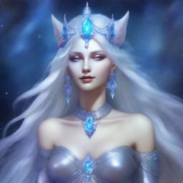 The fantasy goddess called Lunara possesses an otherworldly beauty, with luminous silver hair that reflects starlight, her gaze gentle yet knowing, dressed in flowing silver garments