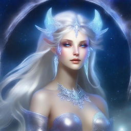 The fantasy goddess called Lunara possesses an otherworldly beauty, with luminous silver hair that reflects starlight, her gaze gentle yet knowing, dressed in flowing silver garments