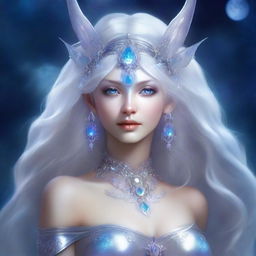 The fantasy goddess called Lunara possesses an otherworldly beauty, with luminous silver hair that reflects starlight, her gaze gentle yet knowing, dressed in flowing silver garments