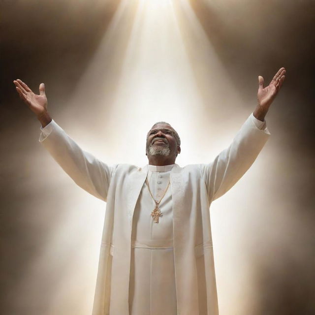 A dignified pastor, arms outstretched, ascending towards a celestial throne bathed in divine light