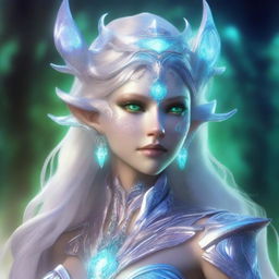 The fantasy goddess called Lunara possesses an otherworldly beauty, with luminous silver hair that reflects starlight