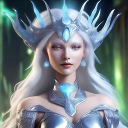 The fantasy goddess called Lunara possesses an otherworldly beauty, with luminous silver hair that reflects starlight