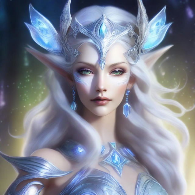 The fantasy goddess called Lunara possesses an otherworldly beauty, with luminous silver hair that reflects starlight