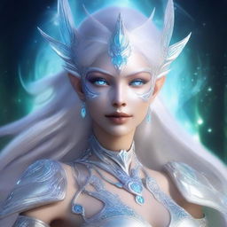 The fantasy goddess called Lunara possesses an otherworldly beauty, with luminous silver hair that reflects starlight