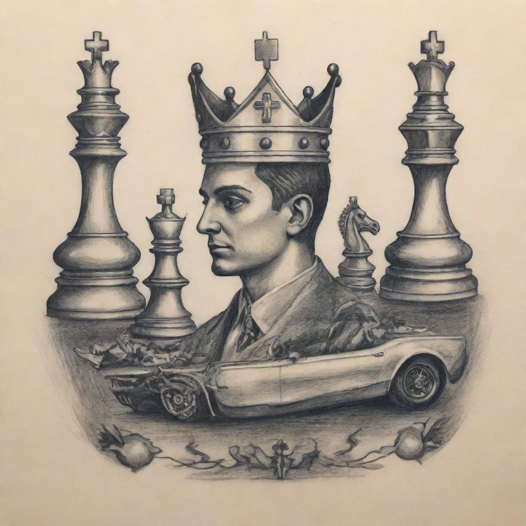 A tattoo design illustrating the philosophies of Emory Andrew Tate, including symbols of success, discipline, and championship—from a majestic crown to a chess piece and a sports car.