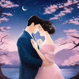 A romantic book cover featuring a couple in a loving embrace under a starlit sky