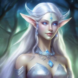 The fantasy goddess called Lunara possesses an otherworldly beauty, with luminous silver hair that reflects starlight