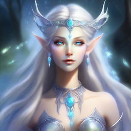 The fantasy goddess called Lunara possesses an otherworldly beauty, with luminous silver hair that reflects starlight