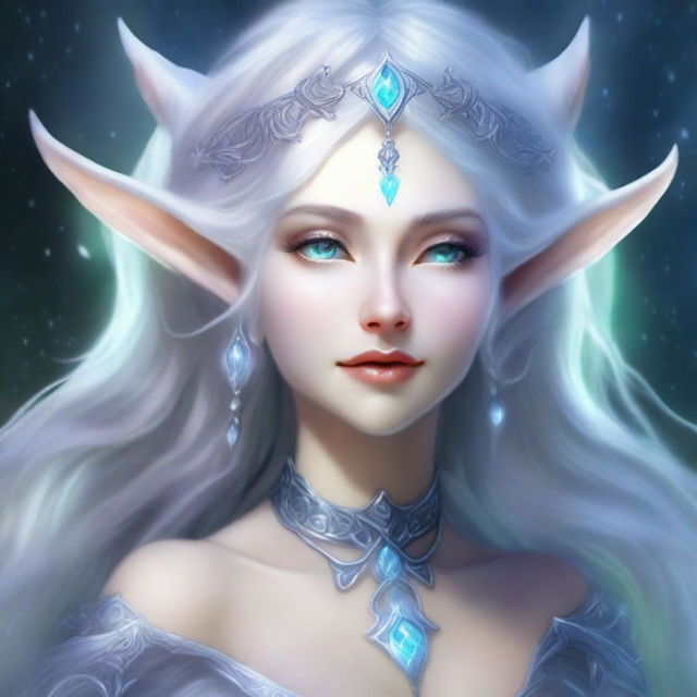 The fantasy goddess called Lunara possesses an otherworldly beauty, with luminous silver hair that reflects starlight