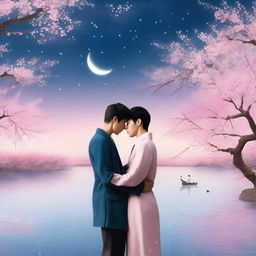 A romantic book cover featuring two men in a loving embrace under a starlit sky