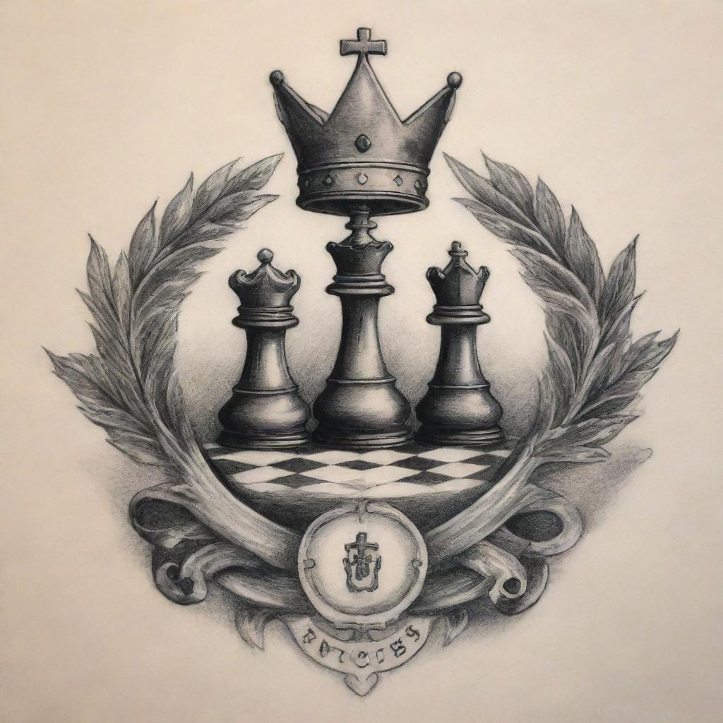 A tattoo design illustrating the philosophies of Emory Andrew Tate, including symbols of success, discipline, and championship—from a majestic crown to a chess piece and a sports car.