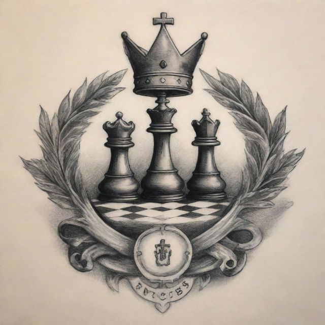 A tattoo design illustrating the philosophies of Emory Andrew Tate, including symbols of success, discipline, and championship—from a majestic crown to a chess piece and a sports car.