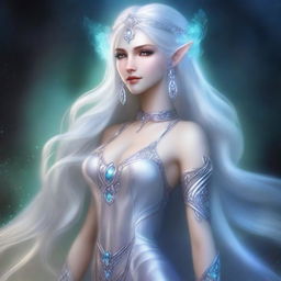 The fantasy goddess called Lunara possesses an otherworldly beauty, with luminous silver hair that reflects starlight