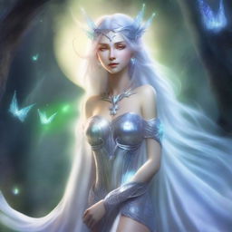 The fantasy goddess called Lunara possesses an otherworldly beauty, with luminous silver hair that reflects starlight