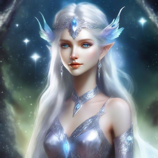 The fantasy goddess called Lunara possesses an otherworldly beauty, with luminous silver hair that reflects starlight