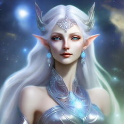 The fantasy goddess called Lunara possesses an otherworldly beauty, with luminous silver hair that reflects starlight