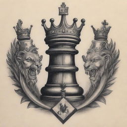 A tattoo design illustrating the philosophies of Emory Andrew Tate, including symbols of success, discipline, and championship—from a majestic crown to a chess piece and a sports car.