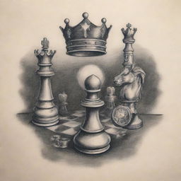 A tattoo design illustrating the philosophies of Emory Andrew Tate, including symbols of success, discipline, and championship—from a majestic crown to a chess piece and a sports car.