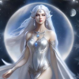 The fantasy goddess of the moon called Lunara possesses an otherworldly beauty, with luminous silver hair that reflects starlight