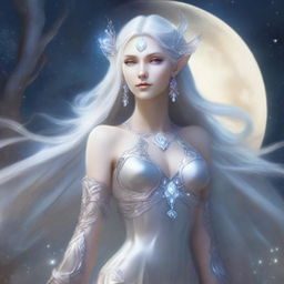 The fantasy goddess of the moon called Lunara possesses an otherworldly beauty, with luminous silver hair that reflects starlight