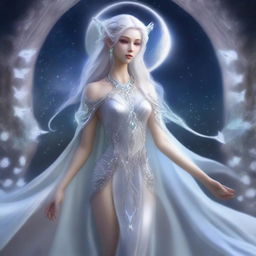 The fantasy goddess of the moon called Lunara possesses an otherworldly beauty, with luminous silver hair that reflects starlight